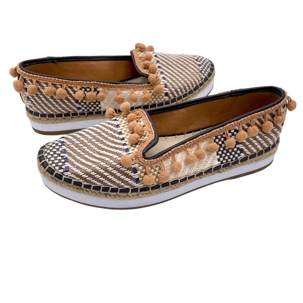 Sondra Roberts Ellie Brown Tan Woven Pom Pom Platform Espadrille‎ in Size 10